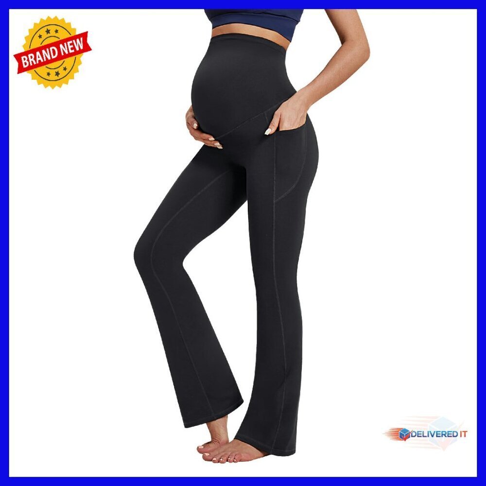 Fleece Lined Maternity Yoga Pants with Pockets, Flare Leg